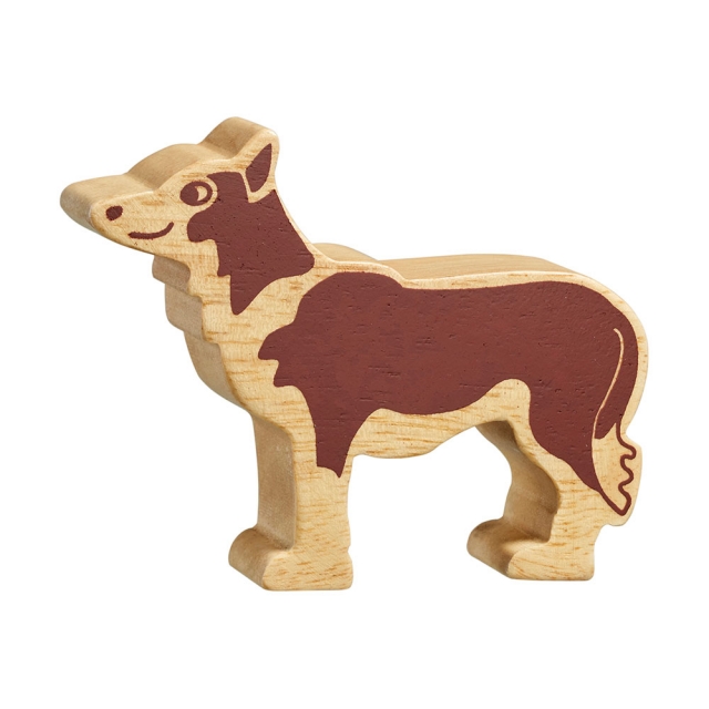 A chunky wooden sheep dog toy figure in profile, plain with wood grain