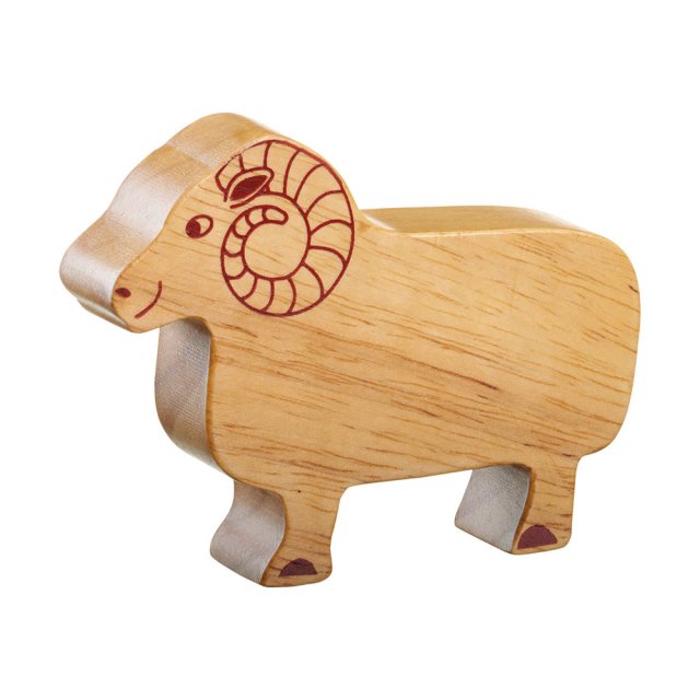 A chunky wooden ram toy figure in profile, plain with wood grain