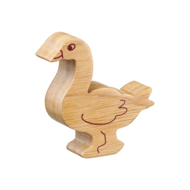 A chunky wooden goose toy figure in profile, plain with wood grain