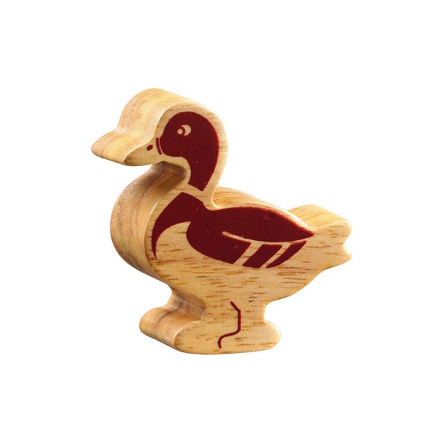 A chunky wooden duck toy figure in profile, plain with wood grain