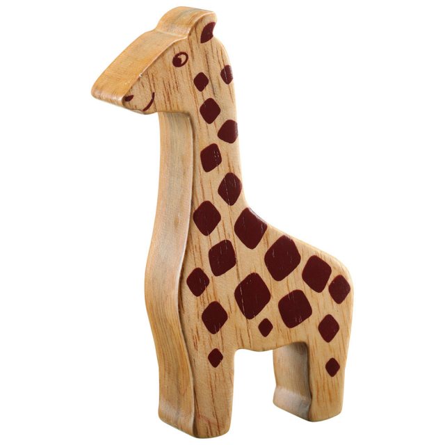 A chunky wooden spotty giraffe toy figure in profile, plain with wood grain