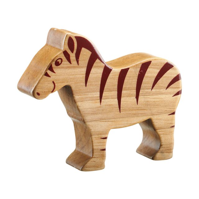 A chunky wooden stripey zebra toy figure in profile, plain with wood grain