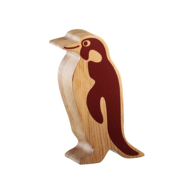 A chunky wooden penguin toy figure in profile, plain showing wood grain