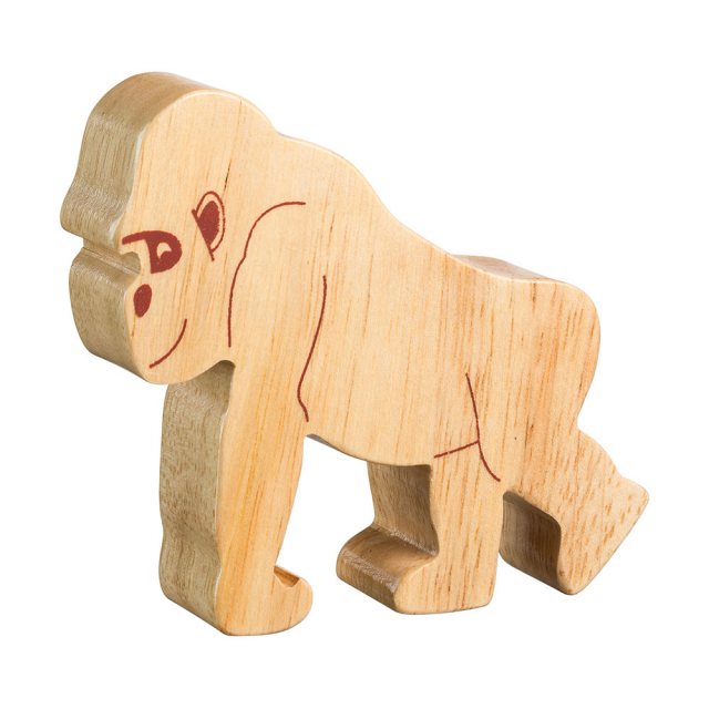 A chunky wooden gorilla toy figure in profile, plain showing wood grain