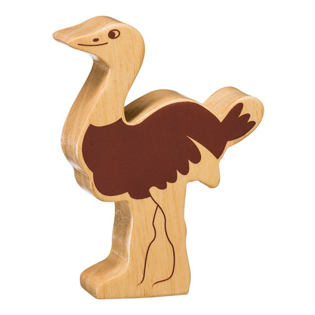 A chunky wooden ostrich toy figure in profile, plain showing wood grain