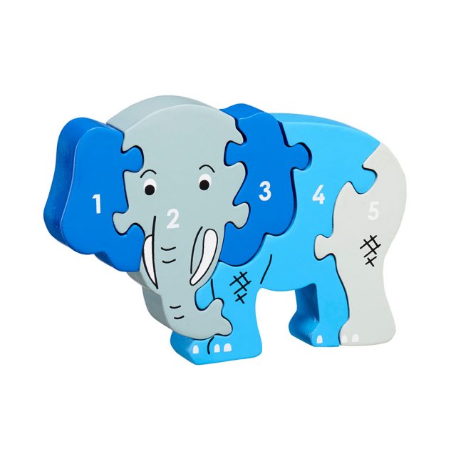 Five piece chunky wooden blue/grey elephant 1-5 jigsaw puzzle in profile free standing