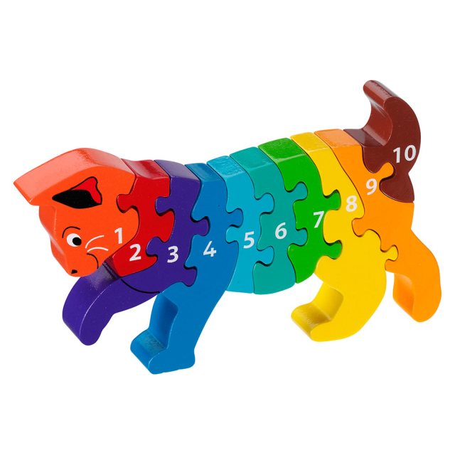 Ten piece chunky wooden rainbow cat 1-10 jigsaw puzzle in profile free standing
