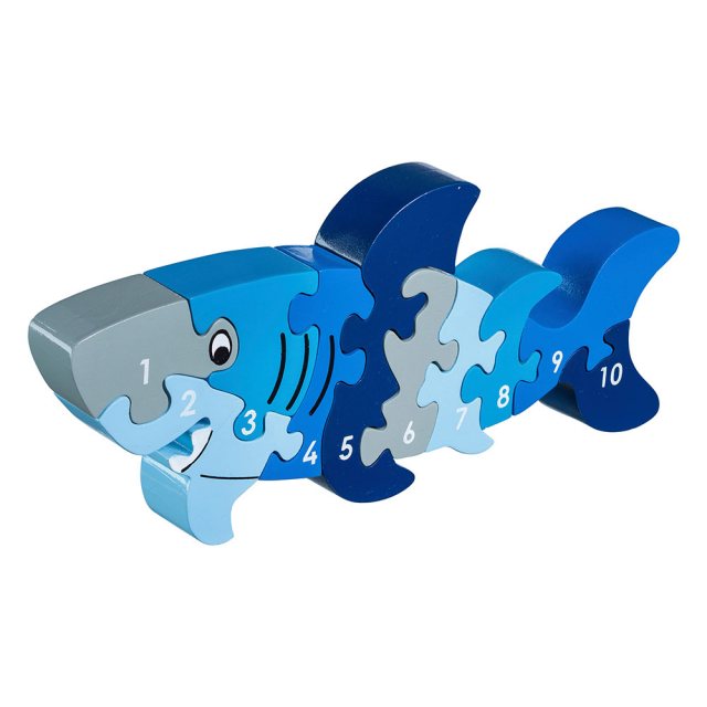 Ten piece chunky wooden blue/grey shark 1-10 jigsaw puzzle in profile free standing