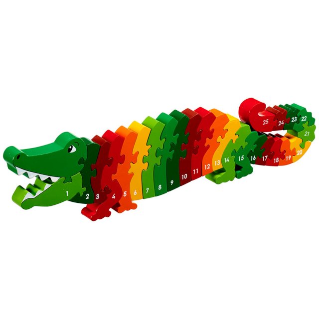 Twenty six piece chunky wooden multicoloured crocodile 1-25 jigsaw puzzle in profile free standing