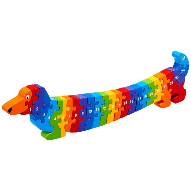 Twenty six piece chunky wooden rainbow dog 1-25 jigsaw puzzle in profile free standing