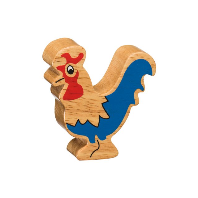 A chunky wooden blue and yellow cockerel toy figure in profile with a natural wood edge
