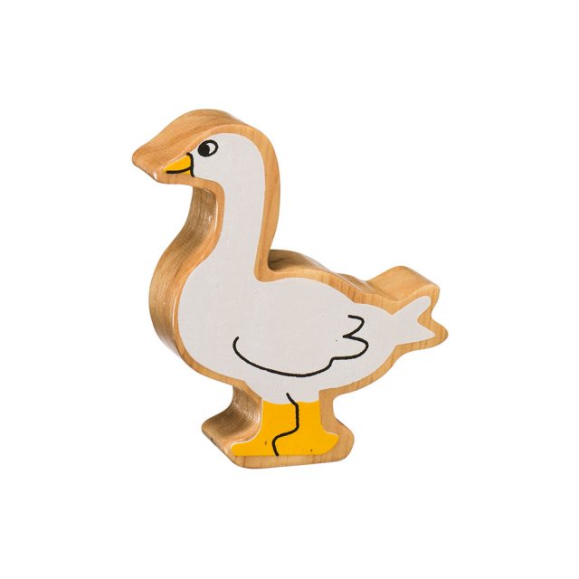A chunky wooden white goose toy figure in profile with a natural wood edge