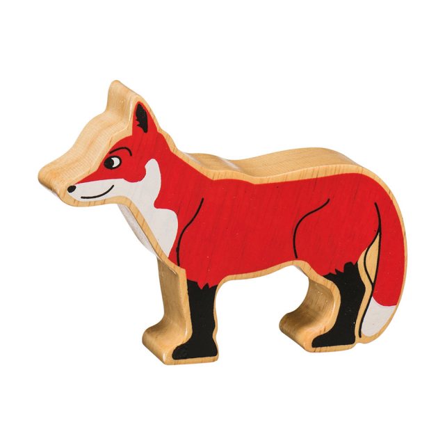 A chunky wooden red fox toy figure in profile with a natural wood edge