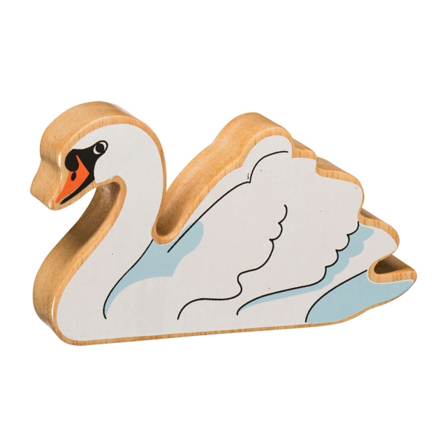 A chunky wooden white swan toy figure in profile with a natural wood edge