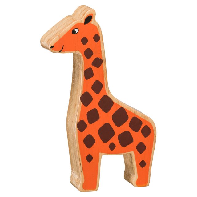 A chunky wooden orange spotty giraffe toy figure in profile with a natural wood edge