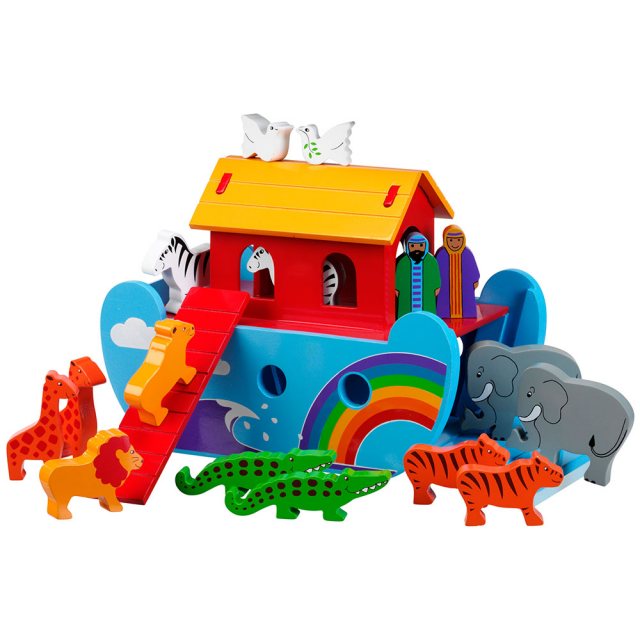 Colourful small Noah's ark with rainbow details, 7 pairs of animals plus Mr and Mrs Noah