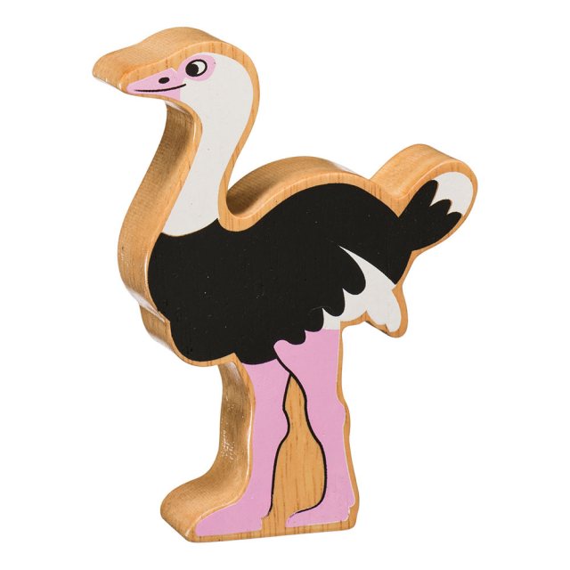 A chunky wooden painted black/ white ostrich toy figure in profile with a natural wood edge