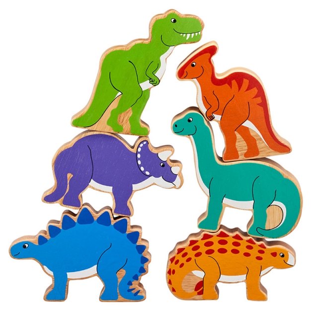 Set of six colourful wooden dinosaurs including Stegosaurus, Saichania and Diplodocus in a net bag