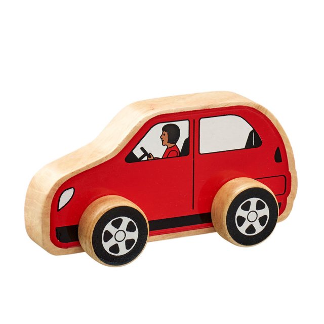 Chunky, wooden red toy car with painted driver and natural wood edge