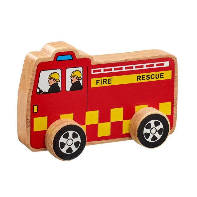 Chunky, wooden red fire engine toy car with painted fire fighters and natural wood edge