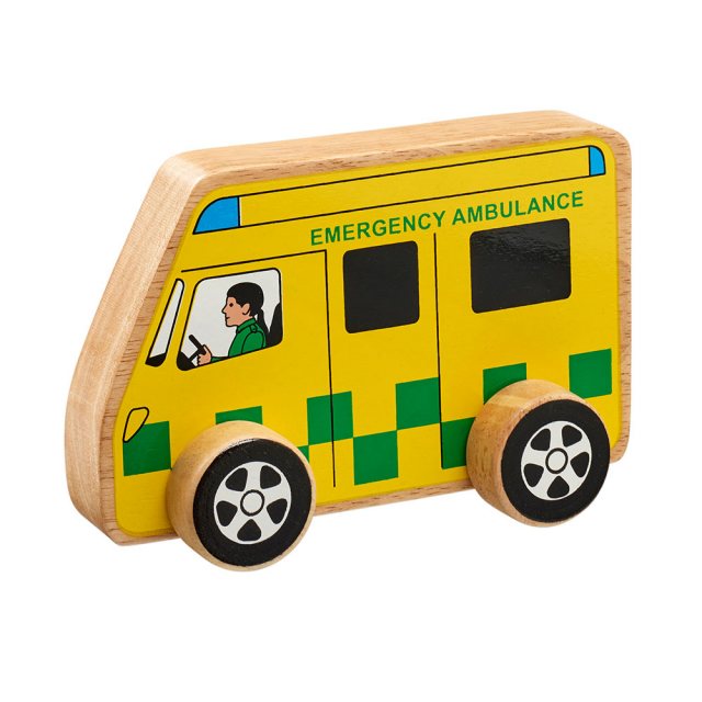 Chunky, wooden luminous yellow ambulance toy car with painted paramedic and natural wood edge