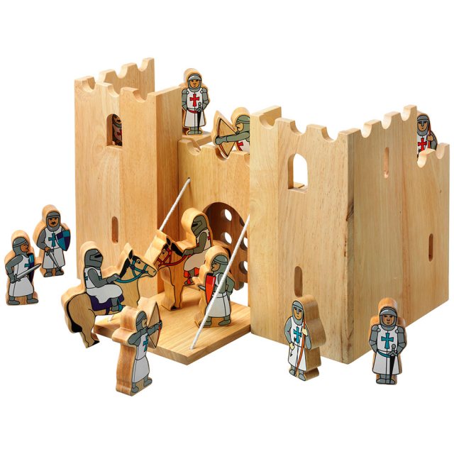 Natural wood castle playscene with lowered drawbridge and 12 wooden colourful knight figurines