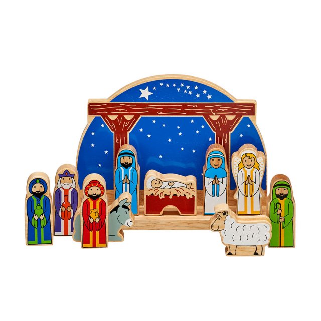 Nativity with wooden blue semi-circle backdrop, with colourful biblical character figures/ animals