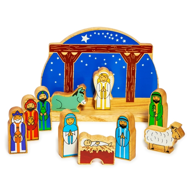 Nativity with wooden blue semi-circle backdrop, with colourful biblical character figures/ animals