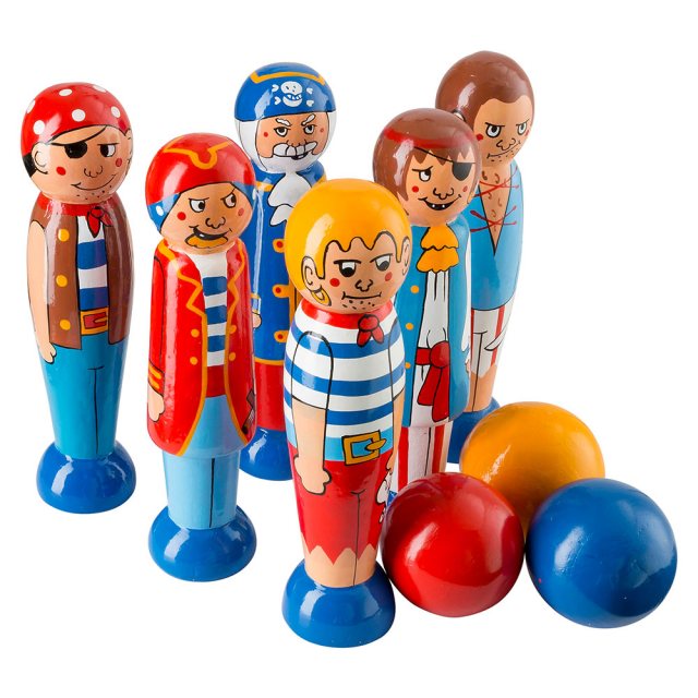 set of six colourful wooden pirate skittles with three balls