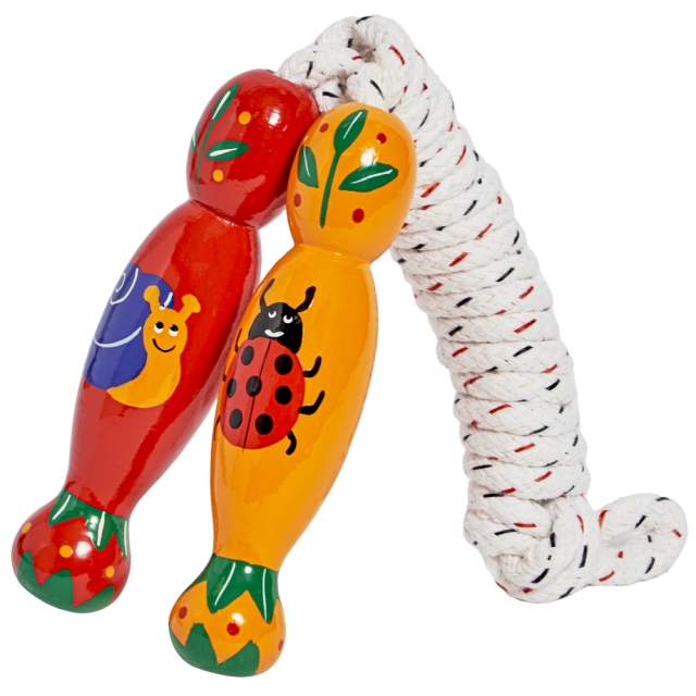 traditional skipping rope with one yellow handle, one red handle with ladybird and snail designs