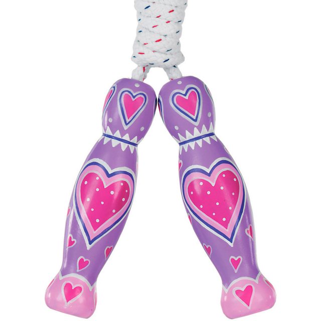 traditional skipping rope with pink and purple heart designs painted on two lilac wooden handles