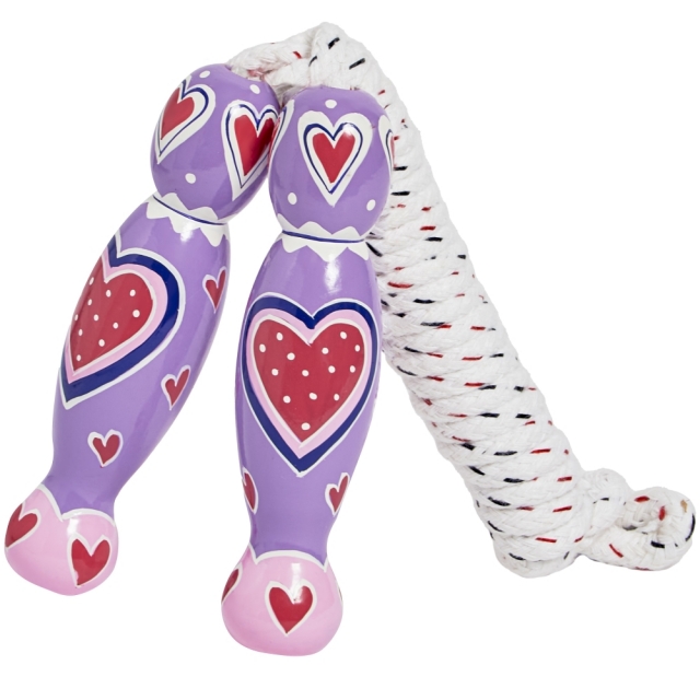 traditional skipping rope with pink and purple heart designs painted on two lilac wooden handles