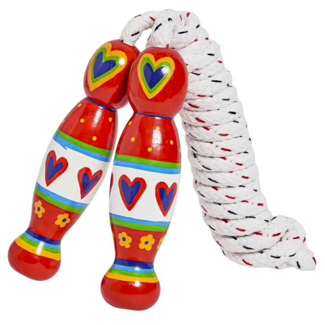 traditional skipping rope with red heart designs painted on two multicoloured wooden handles