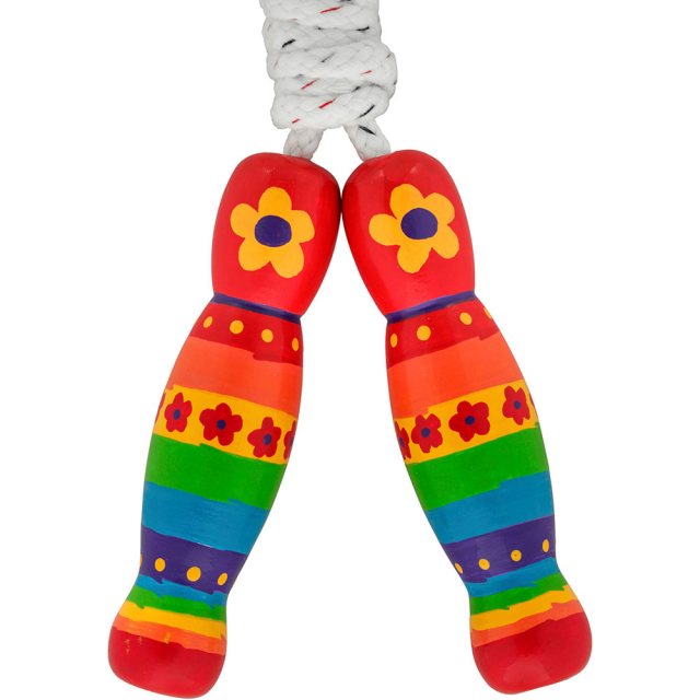 traditional skipping rope with rainbow stripes and flowers painted on two wooden handles