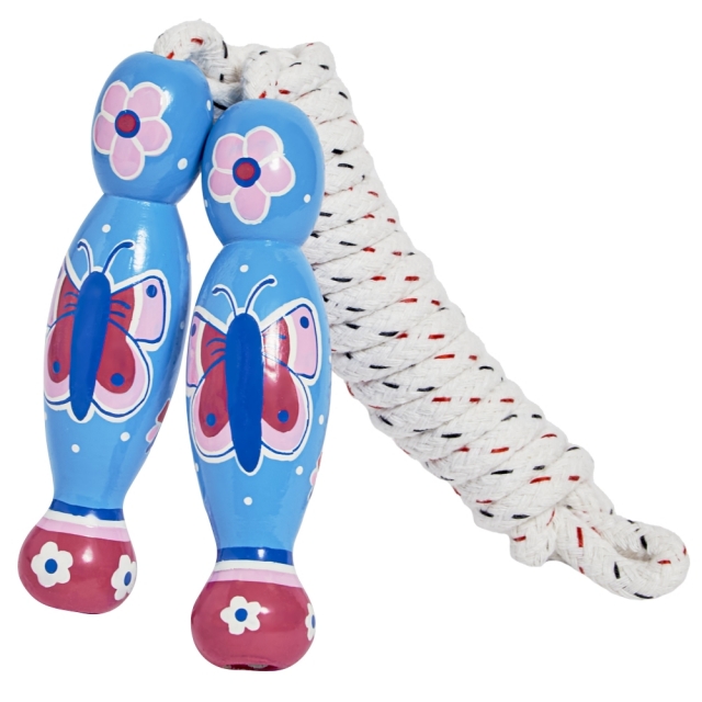 traditional skipping rope with pink and purple butterfly design on two blue wooden handles