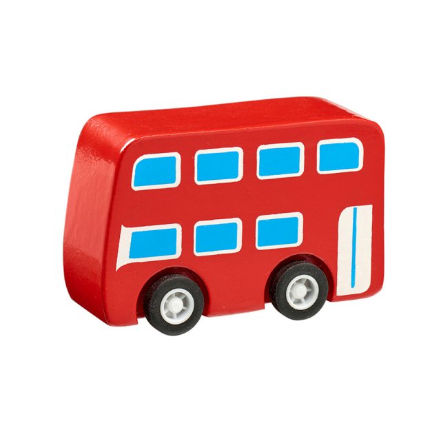 Red wooden mini double decker bus toy car with plastic black wheels