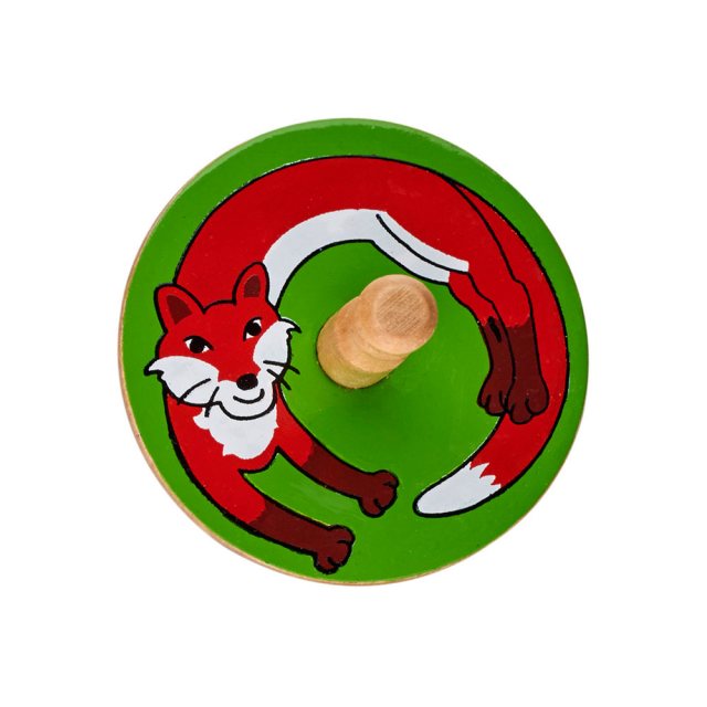 birds eye view of a green spinning top with a design of a red fox