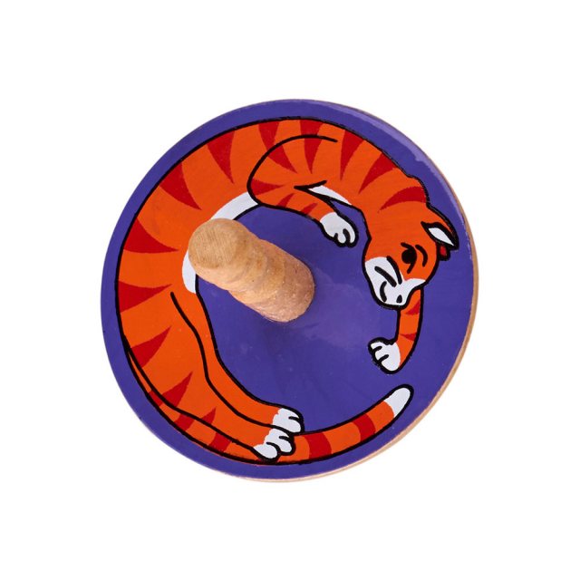 birds eye view of a purple spinning top with a design of an orange cat