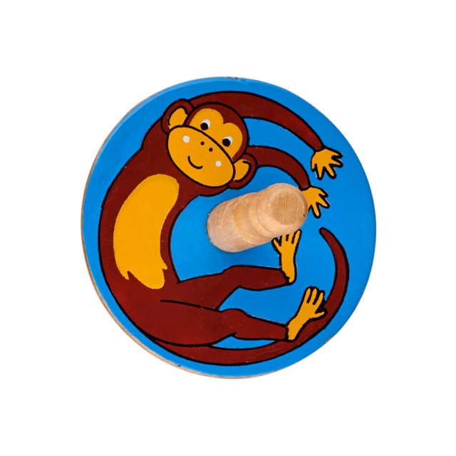 birds eye view of a blue spinning top with a design of a brown monkey