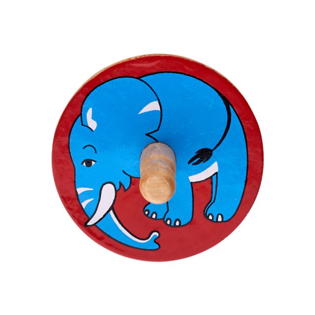 a birds eye view of a red spinning top with a design of a blue elephant