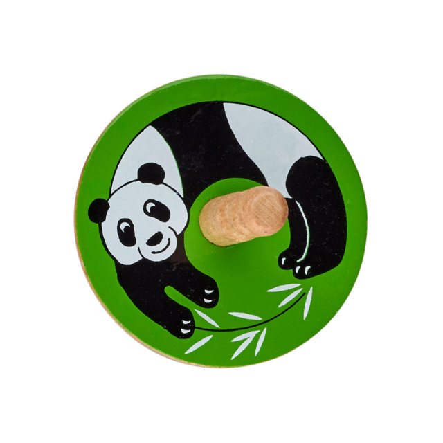 a birds eye view of a green spinning top with a design of a panda