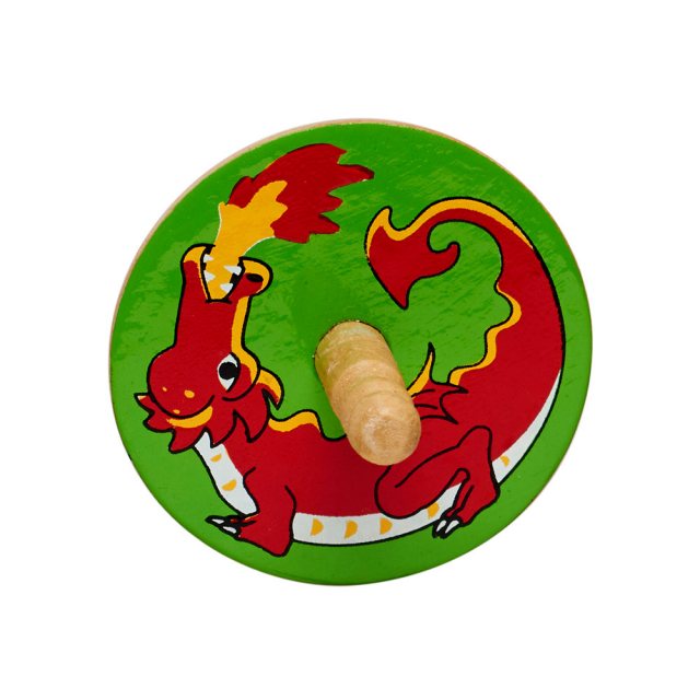 a birds eye view of a green spinning top with a design of a red dragon