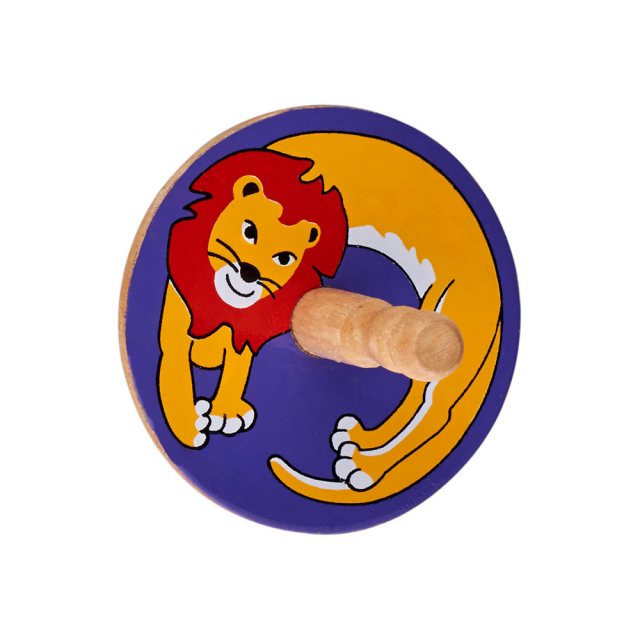 a birds eye view of a purple spinning top with a design of a yellow lion