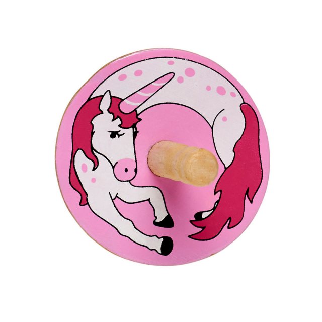 a birds eye view of a pink spinning top with a pink and white unicorn design