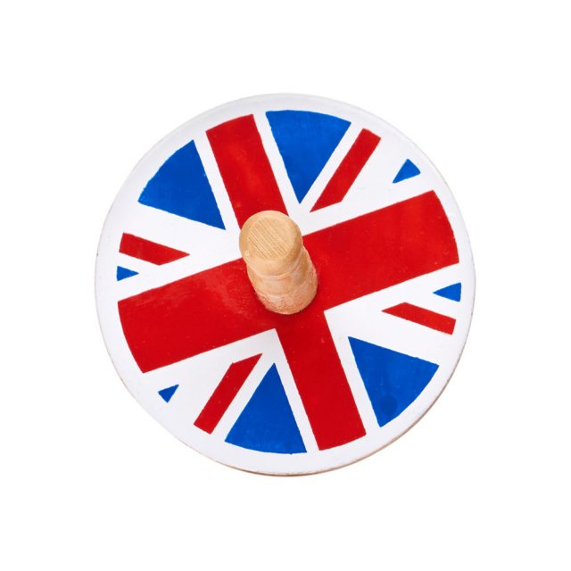 birds eye view of a spinning top with the red, white and blue union jack flag