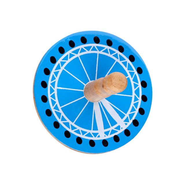 birds eye view of a blue spinning top with white ferris wheel design and natural stem