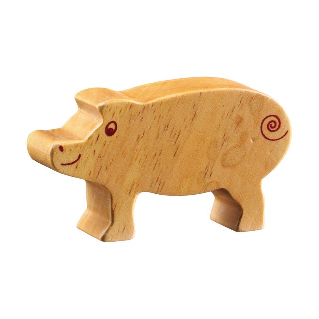 A chunky wooden ram toy figure in profile, plain with wood grain