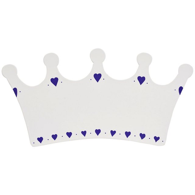 A small, flat wooden name board plaque in white crown design with purple heart details.