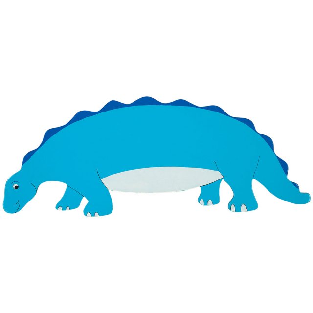 A flat wooden name board plaque in blue stegosaurus dinosaur design.