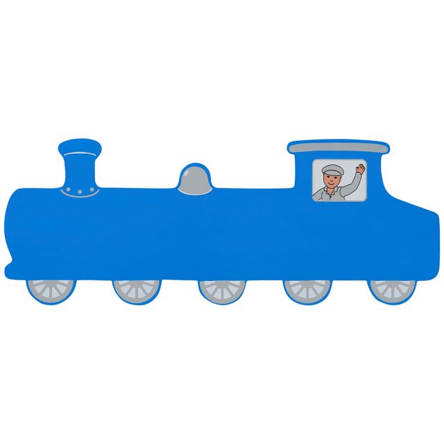 A large, flat wooden name board plaque in blue train design with silver details and driver